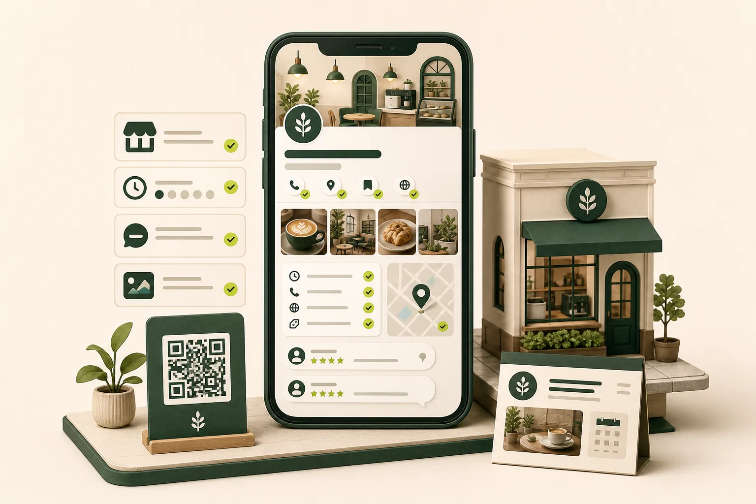 Representación ilustrada de una ficha local ordenada, completa y preparada para recibir clientes